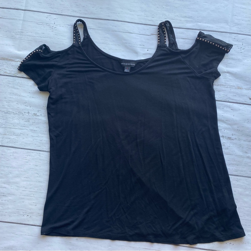 Rock & Republic Black Top Studded Shirt Open Shoulder Large
